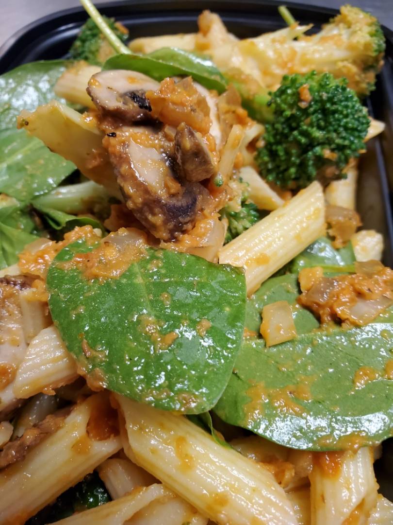 Vegan Gluten Free Penne Pasta with seasonal vegetables